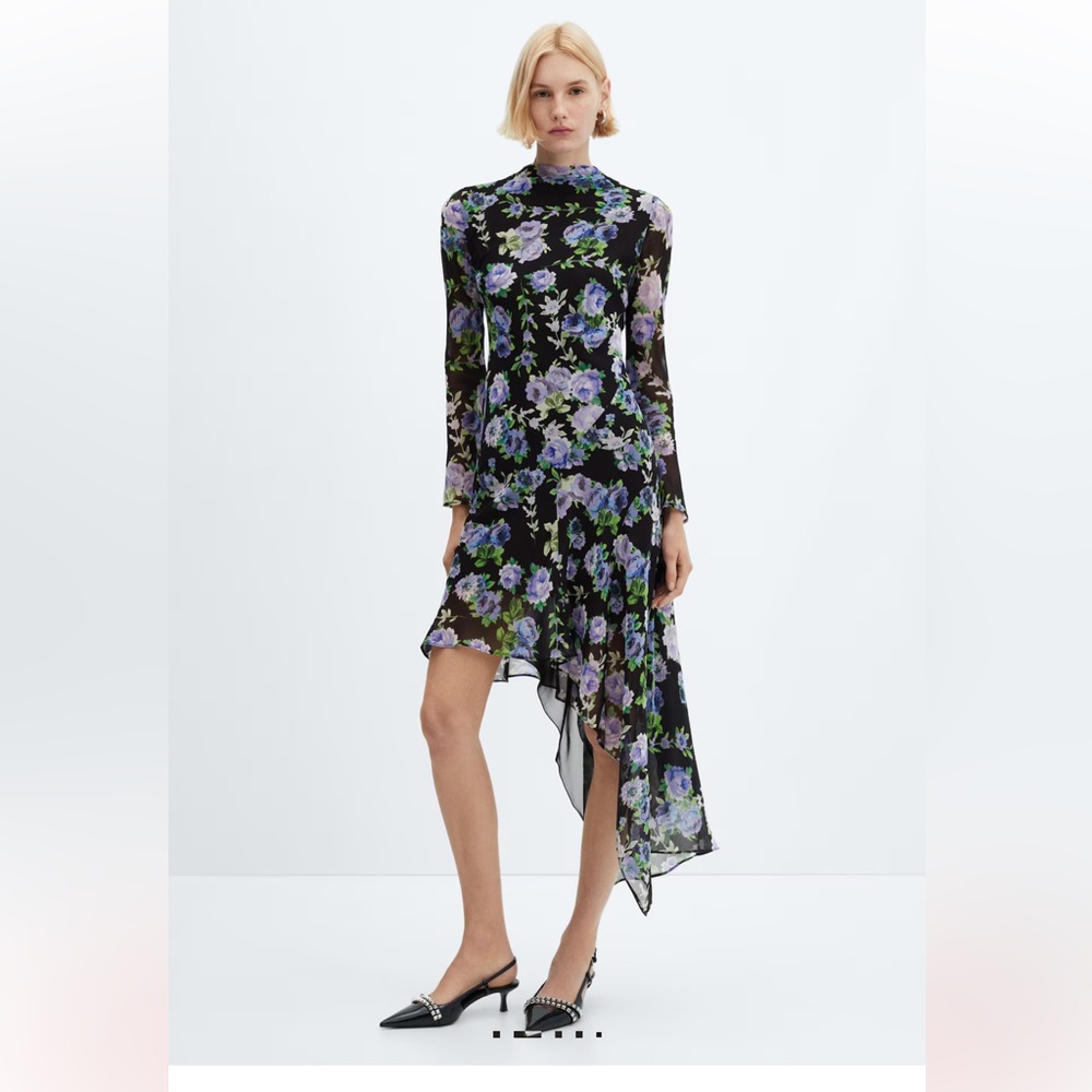 Mango Asymmetric Floral Long Sleeve Dress